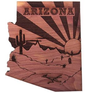 wooden laser cut arizona magnet with sun rays, burned rustic souvenir gifts, collectible state silhouette magnet for refrigerators, white boards, and lockers, 2.75 inches