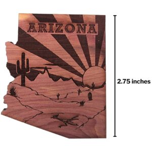 Wooden Laser Cut Arizona Magnet with Sun Rays, Burned Rustic Souvenir Gifts, Collectible State Silhouette Magnet for Refrigerators, White Boards, and Lockers, 2.75 Inches