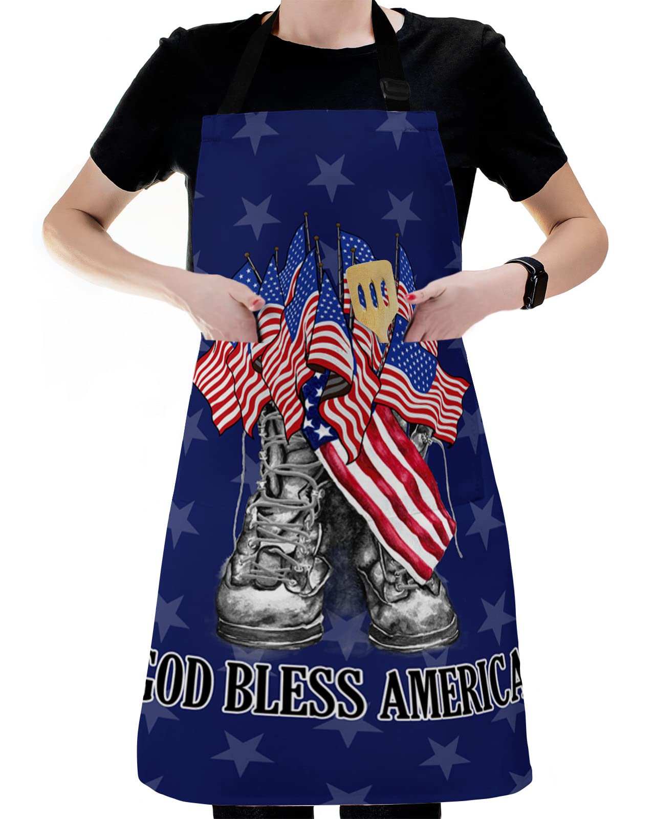 LAMANDA Kitchen Aprons for Women,Memorial Day Free Boots USA Flag Cooking Apron with Pockets Server Aprons Chef Apron for Men