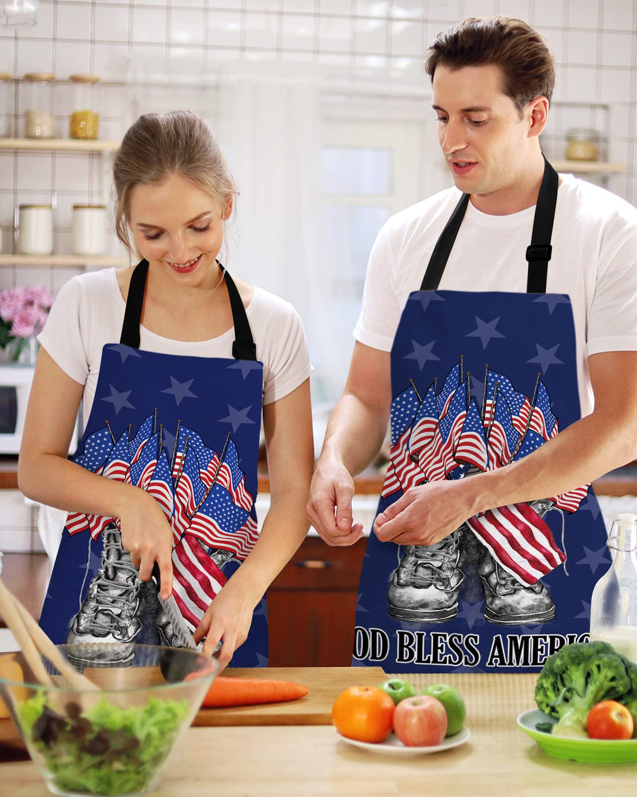 LAMANDA Kitchen Aprons for Women,Memorial Day Free Boots USA Flag Cooking Apron with Pockets Server Aprons Chef Apron for Men