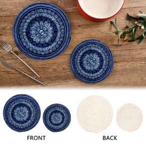 ALAZA Navy Blue Mandala Boho Trivets for Hot Dishes 2 Pcs,Hot Pad for Kitchen,Trivets for Hot Pots and Pans,Large Coasters Cotton Mat Cooking Potholder Set