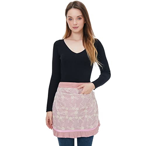 Cotton Lovely Half Apron Fashion Lace Embroidered Restaurant Bistro Waitress Apron Kitchen Waist Apron for Womens Girls (Pink)