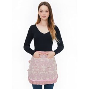 Cotton Lovely Half Apron Fashion Lace Embroidered Restaurant Bistro Waitress Apron Kitchen Waist Apron for Womens Girls (Pink)