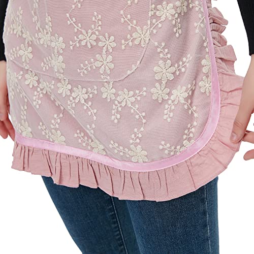 Cotton Lovely Half Apron Fashion Lace Embroidered Restaurant Bistro Waitress Apron Kitchen Waist Apron for Womens Girls (Pink)