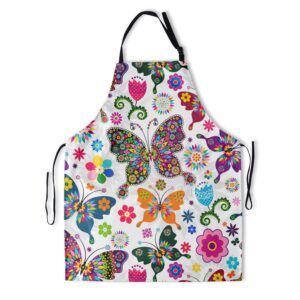 kawani colorful butterflies and flowers apron cute art adjustable apron with 2 pockets abstract aprons for women men suitable for kitchen cooking painting grilling 28x33 inch