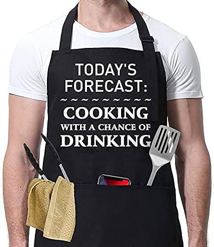 XBPDMWIN Aprons for Men Funny, Men's BBQ Aprons Cooking with A Chance of Drinking, Fully Adjustable, Two Pockets, Extra Long Ties