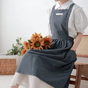 ENN&EEZY Pinafore Aprons for Women with Pockets Japanese Cross Back Linen Apron for Kitchen Cooking, Gardening, Painting, Baking Green