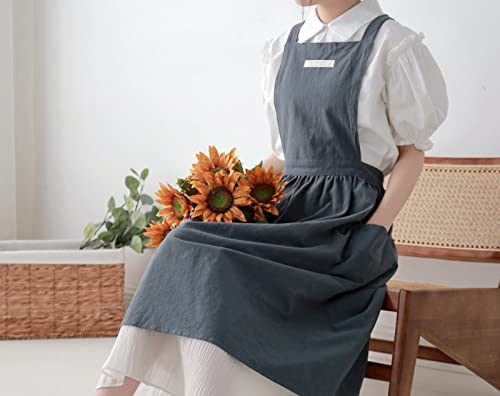 ENN&EEZY Pinafore Aprons for Women with Pockets Japanese Cross Back Linen Apron for Kitchen Cooking, Gardening, Painting, Baking Green