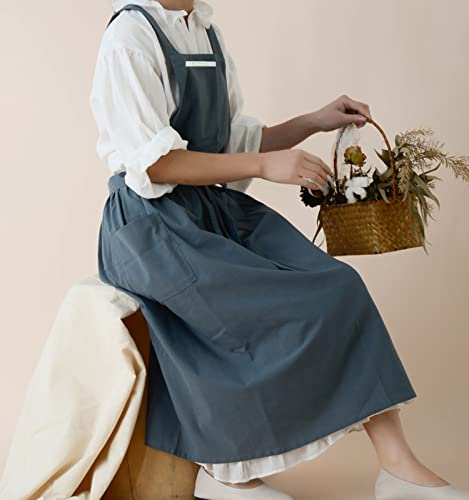 ENN&EEZY Pinafore Aprons for Women with Pockets Japanese Cross Back Linen Apron for Kitchen Cooking, Gardening, Painting, Baking Green