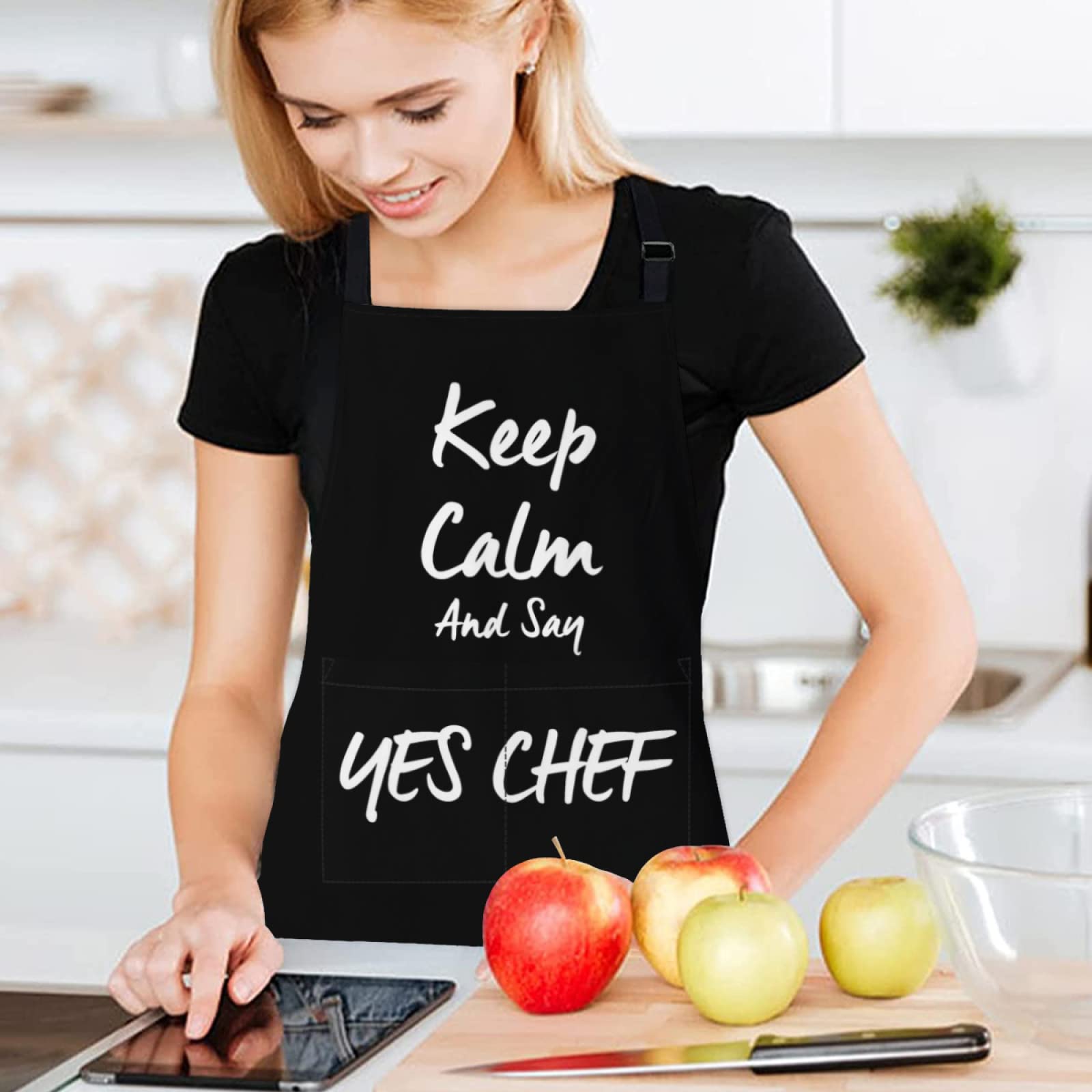 Cilouebghg Keep Calm and say yes chef Design Funny Cooking Chef Apron with Pockets BBQ Kitchen Work Apron Birthday Dad Creative Gifts For Women/Man