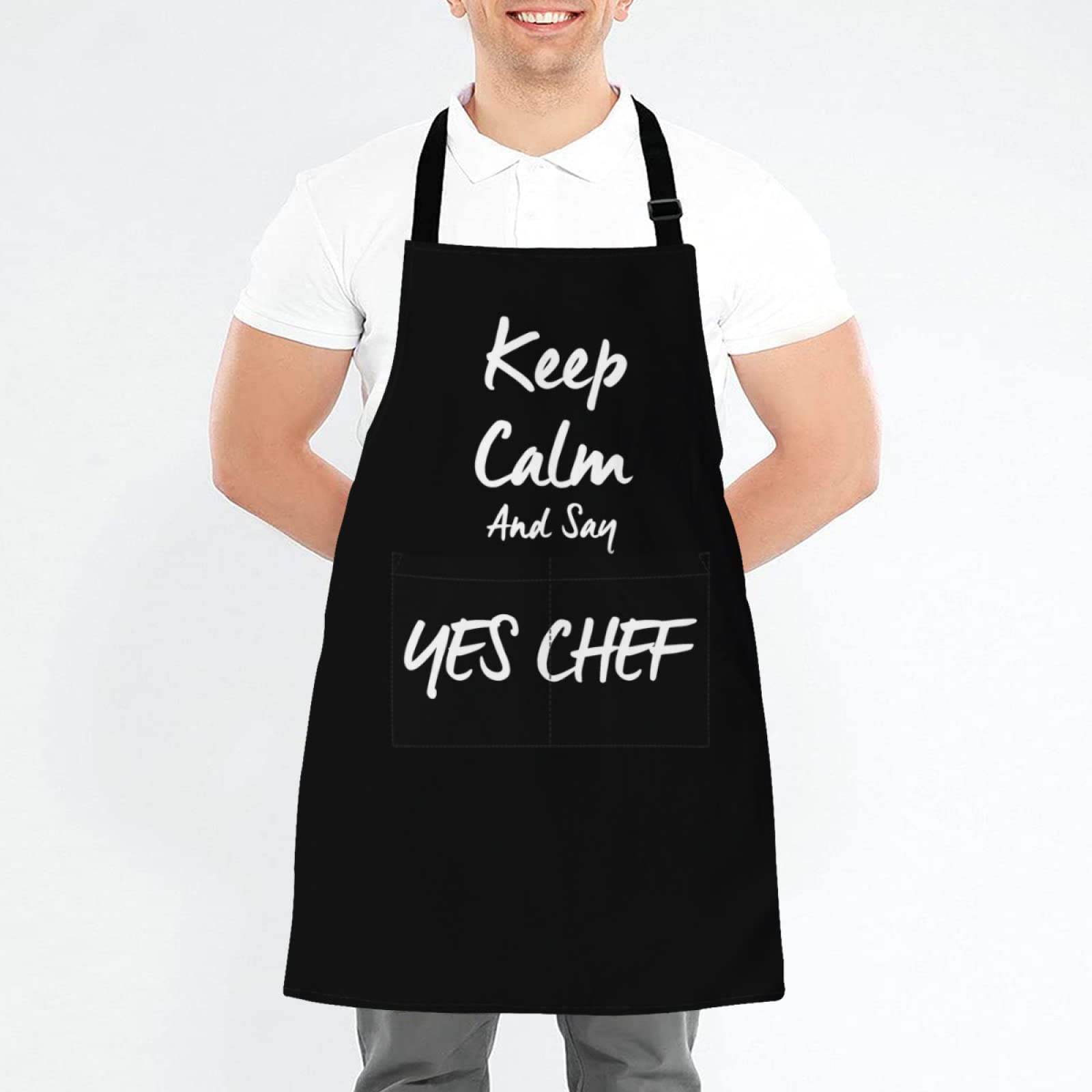 Cilouebghg Keep Calm and say yes chef Design Funny Cooking Chef Apron with Pockets BBQ Kitchen Work Apron Birthday Dad Creative Gifts For Women/Man