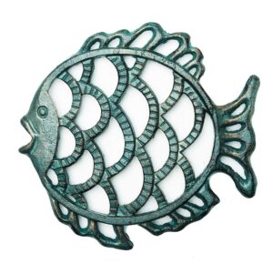 sungmor cast iron cute fish trivet for wood stove - dia-7.5 inch dark green finish - rustproof round stands for hot pots/dishes/pans - decorative metal table trivet for kitchen cooking