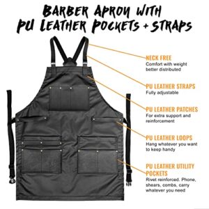 Under NY Sky Barber Black Apron - Leather Straps, Pockets, Reinforcements - Crossback - Coated Black Twill, Tool Pockets, Split-Leg – Adjustable for Men, Women – Barista, Bartender, Hairstylist, Salon