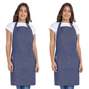 mellow buff 2 pack chef apron, recycled cotton kitchen apron with an adjustable neck with long ties, for cooking, baking | denim blue…