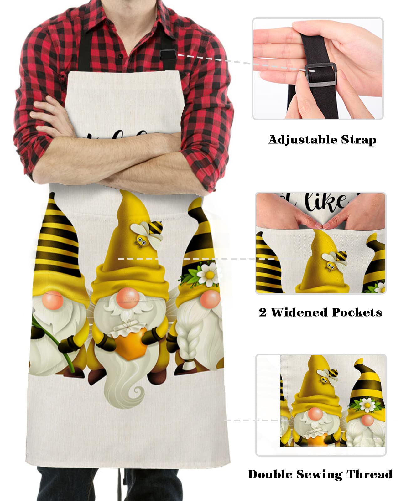 CirCleO Waterproof Stain-Proof Apron for Women Men,Cooking Baking Apron with Pockets Summer Daisy Gnomes Bee Adjustable Apron