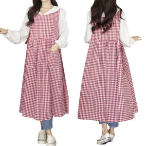 talibsa plaid apron dress，japanese cotton linen cross back apron for women with pockets，pinafore dress with waist ties (red plaid)