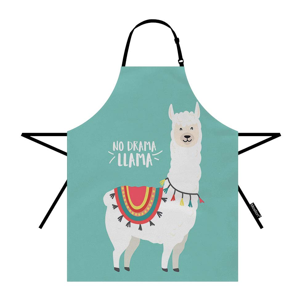 Moslion Llama Apron 31x27 Inch Cute Animal Alpaca with Bohemian Cloths Word No Drama Llama Kitchen Chef Waitress Cook Aprons Bib with Adjustable Neck for Women Men Girls Green White