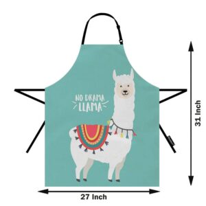 Moslion Llama Apron 31x27 Inch Cute Animal Alpaca with Bohemian Cloths Word No Drama Llama Kitchen Chef Waitress Cook Aprons Bib with Adjustable Neck for Women Men Girls Green White