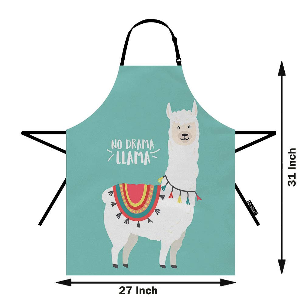 Moslion Llama Apron 31x27 Inch Cute Animal Alpaca with Bohemian Cloths Word No Drama Llama Kitchen Chef Waitress Cook Aprons Bib with Adjustable Neck for Women Men Girls Green White