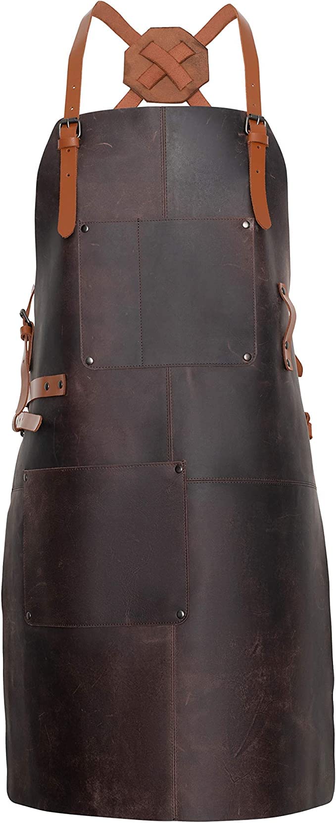 Theodore Top Grain Leather Apron - 32.5” H x 24.5” W with Adjustable Crossback Leather Straps. Our Leather Apron for Men has 2 Large Pockets and a Towel Strap. Grill Apron is Flame & Heat Resistant