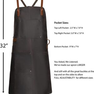 Theodore Top Grain Leather Apron - 32.5” H x 24.5” W with Adjustable Crossback Leather Straps. Our Leather Apron for Men has 2 Large Pockets and a Towel Strap. Grill Apron is Flame & Heat Resistant