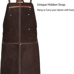 Theodore Top Grain Leather Apron - 32.5” H x 24.5” W with Adjustable Crossback Leather Straps. Our Leather Apron for Men has 2 Large Pockets and a Towel Strap. Grill Apron is Flame & Heat Resistant