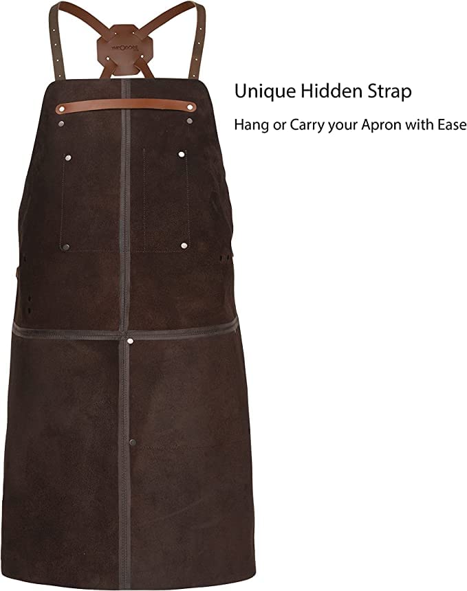 Theodore Top Grain Leather Apron - 32.5” H x 24.5” W with Adjustable Crossback Leather Straps. Our Leather Apron for Men has 2 Large Pockets and a Towel Strap. Grill Apron is Flame & Heat Resistant