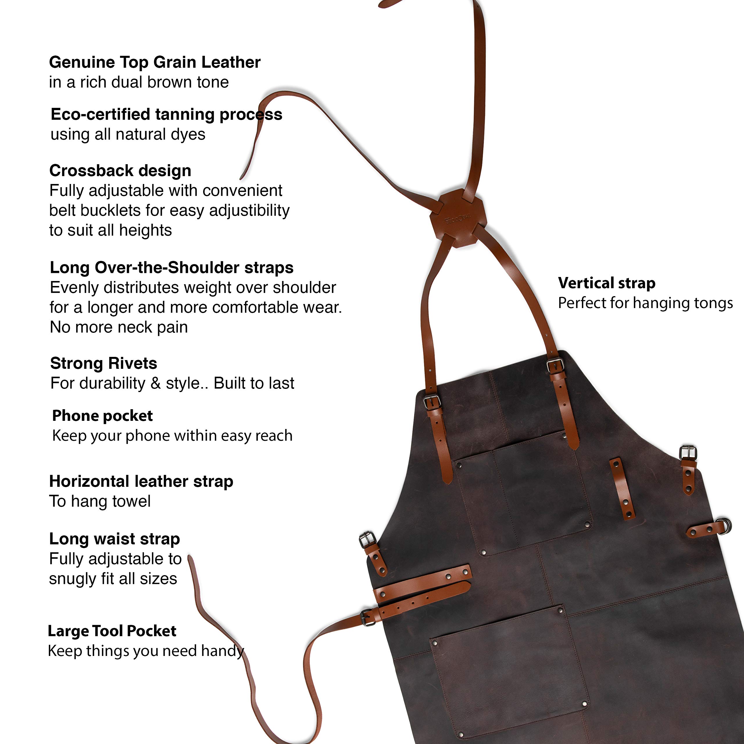 Theodore Top Grain Leather Apron - 32.5” H x 24.5” W with Adjustable Crossback Leather Straps. Our Leather Apron for Men has 2 Large Pockets and a Towel Strap. Grill Apron is Flame & Heat Resistant