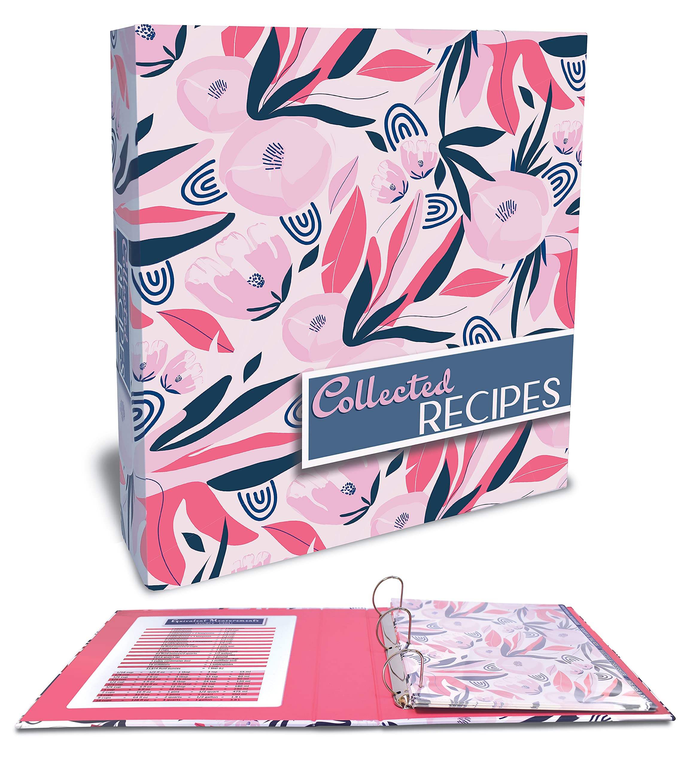 Better Kitchen Products Recipe Binder, Full Page 3 Ring Standard Binder Organizer Set (with 50 Page Protectors & 12 Category Divider Tabs) 11.5" x 12" Floral Design