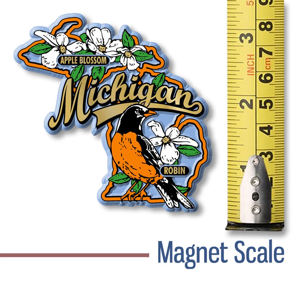 Michigan State Bird and Flower Map Magnet by Classic Magnets, 3" x 3", Collectible Souvenirs Made in The USA