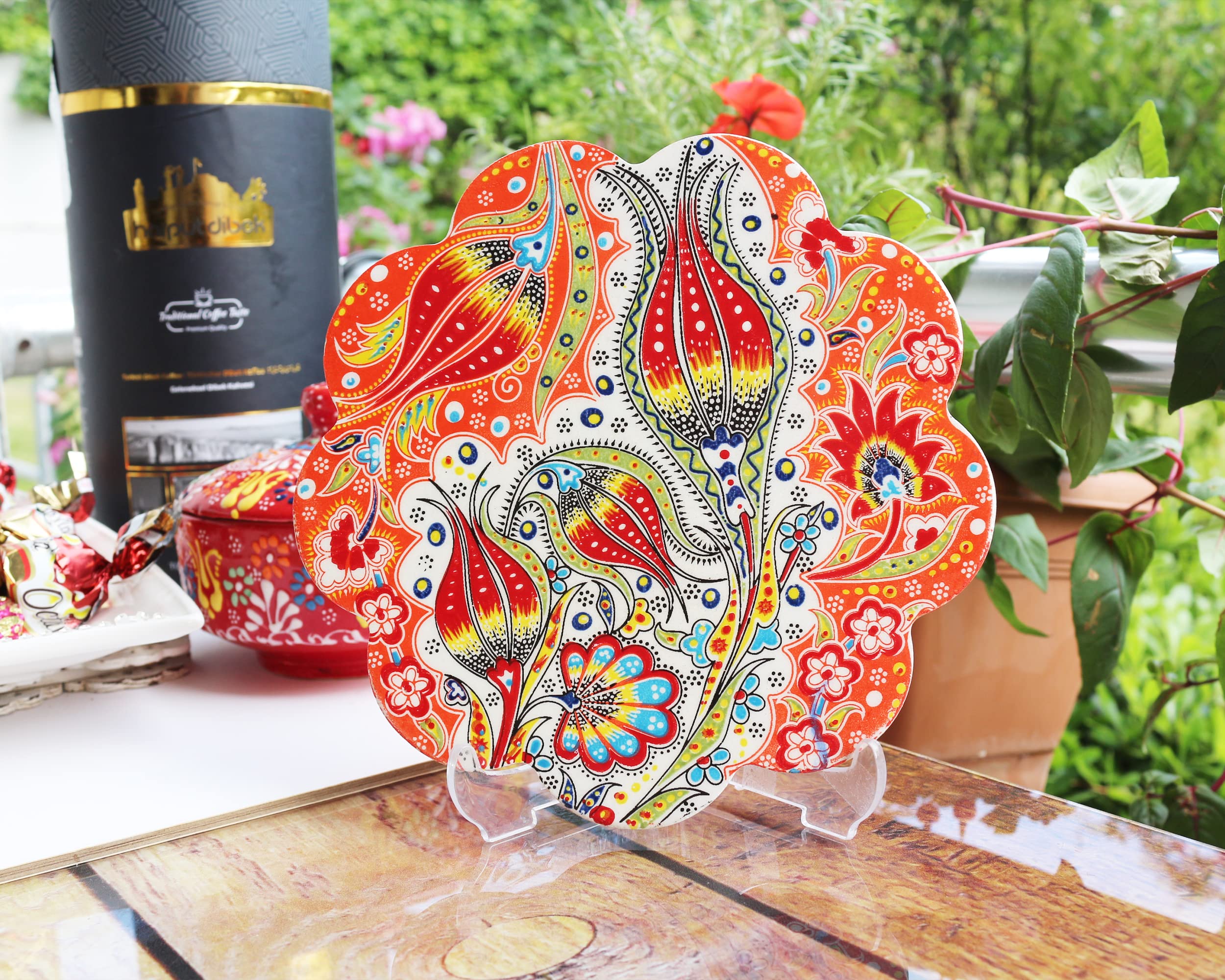 Küchengeräte 18 cm/7" inc Hand Painted Decorative Tulip Patterned Turkish Ceramic Trivet Coaster - Very Stylish - Scratch Proof Heat Resistant & Great Kitchen Home Office Decor - Best Gift Idea