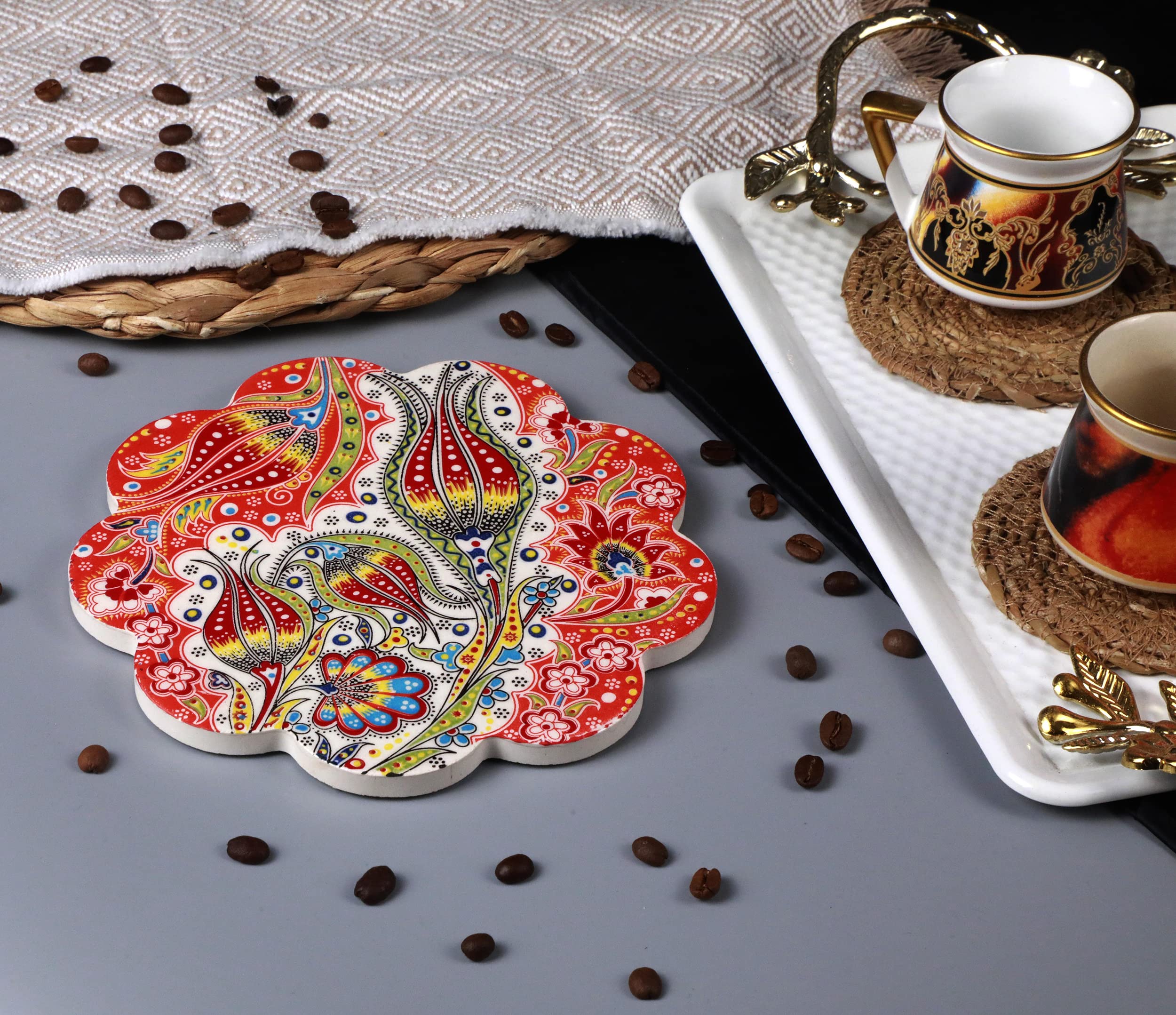 Küchengeräte 18 cm/7" inc Hand Painted Decorative Tulip Patterned Turkish Ceramic Trivet Coaster - Very Stylish - Scratch Proof Heat Resistant & Great Kitchen Home Office Decor - Best Gift Idea