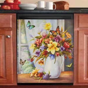 mahar colorful butterflies and floral bouquet kitchen dishwasher sticker magnet cover flower magnetic refrigerator home decor vinyl decal 23 w x 26 h, 23wx26h