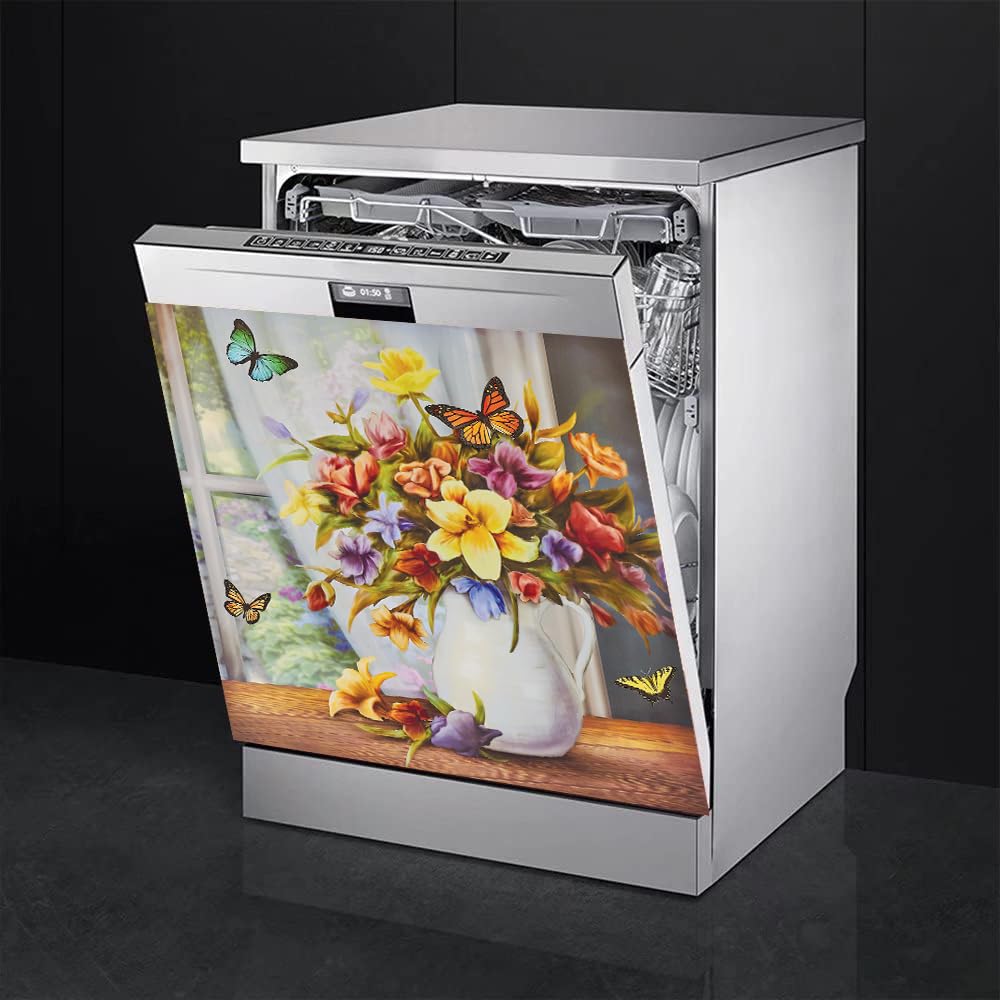 Mahar Colorful Butterflies and Floral Bouquet Kitchen Dishwasher Sticker Magnet Cover Flower Magnetic Refrigerator Home Decor Vinyl Decal 23 W x 26 H, 23Wx26H