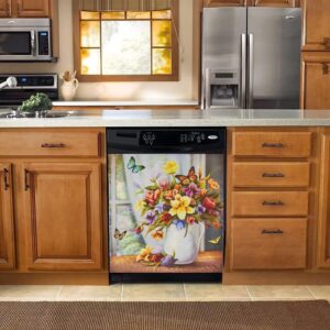 Mahar Colorful Butterflies and Floral Bouquet Kitchen Dishwasher Sticker Magnet Cover Flower Magnetic Refrigerator Home Decor Vinyl Decal 23 W x 26 H, 23Wx26H