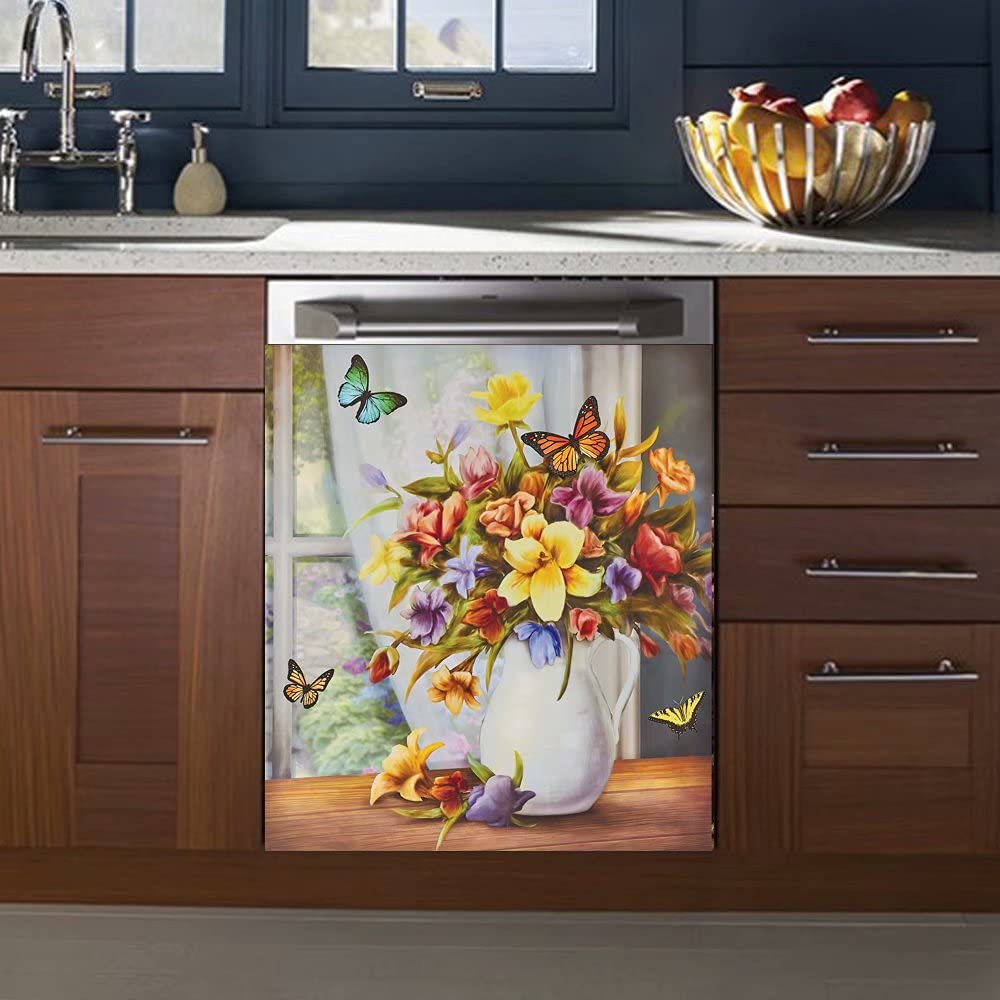 Mahar Colorful Butterflies and Floral Bouquet Kitchen Dishwasher Sticker Magnet Cover Flower Magnetic Refrigerator Home Decor Vinyl Decal 23 W x 26 H, 23Wx26H