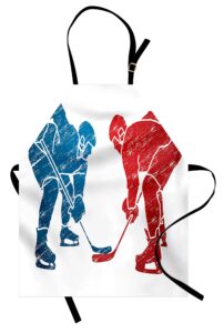 lunarable sport apron, hockey players hobby activity themed athletes game win champion olympics illustration, unisex kitchen bib with adjustable neck for cooking gardening, adult size, blue red
