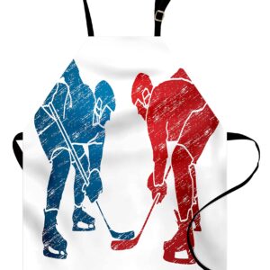Lunarable Sport Apron, Hockey Players Hobby Activity Themed Athletes Game Win Champion Olympics Illustration, Unisex Kitchen Bib with Adjustable Neck for Cooking Gardening, Adult Size, Blue Red