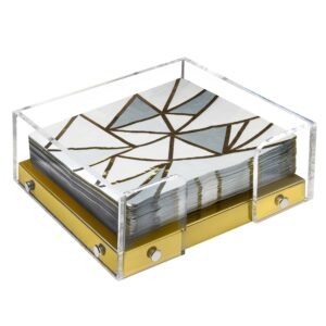 modern napkin holder for kitchen, sitting napkin holder for tables, clear acrylic and steel base kitchen & dining room décor (gold)