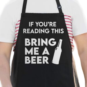 apron daddy funny apron for men - if you're reading this bring me a beer - bbq apron for grilling - extra large 1 size fits all - poly/cotton apron with 2 pockets - grill gift for cooking dad, husband