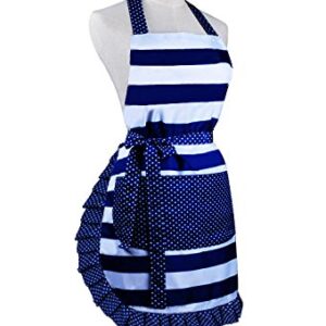 Lovely Lady's Kitchen Fashion Cooking Baking Kitchen Aprons with Pockets for Mother's Day Gift, Plus Size Apron (31 x 28 Inches) Blue,white