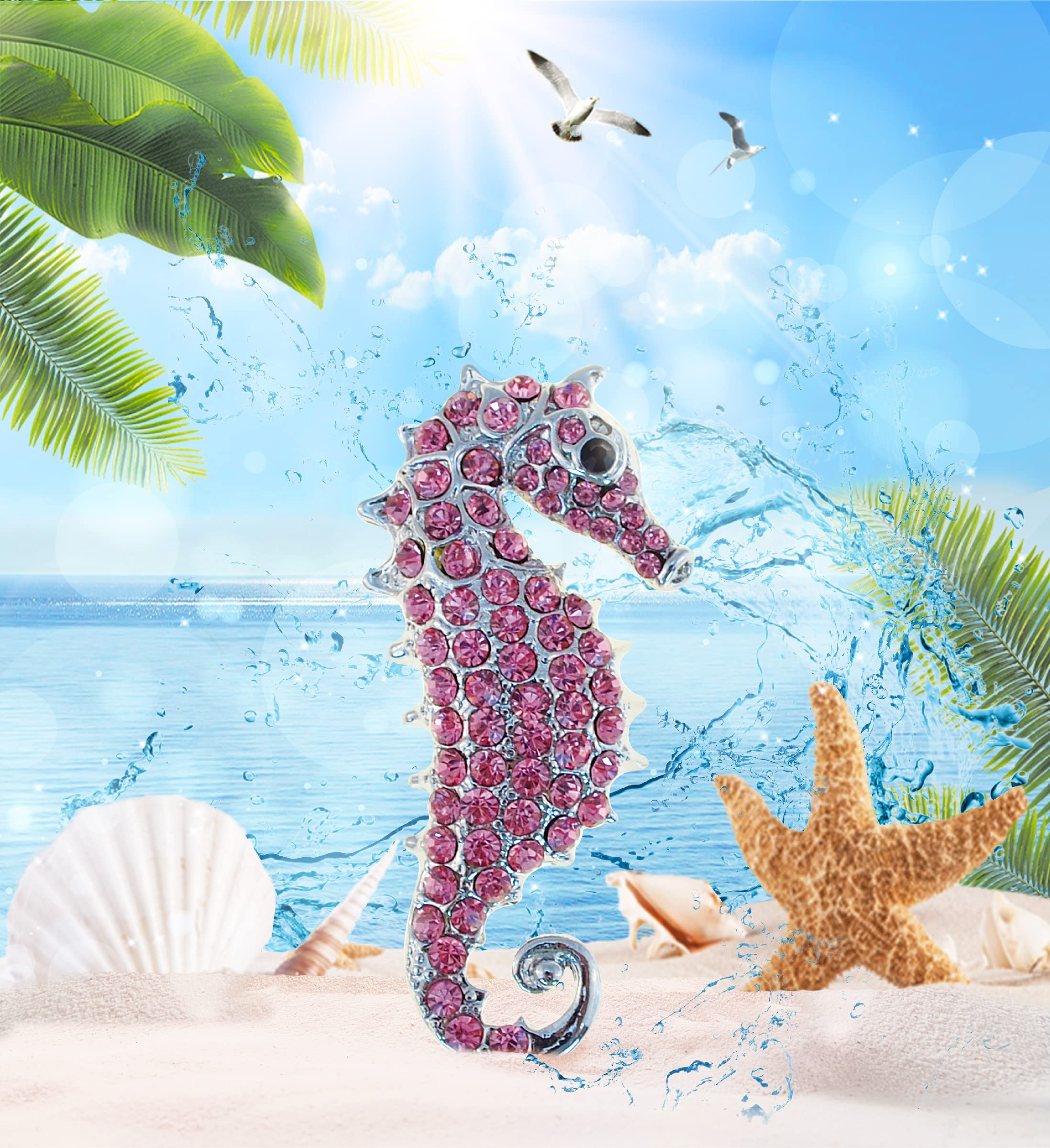 COTA Global Seahorse Sparkling Refrigerator Magnet - Pink & Silver Sparkling Rhinestones Crystals, Cute Sparkly Ocean Animal Magnet for Kitchen Door Fridge, Cool Home & Office Novelty Decor - 2 Inch