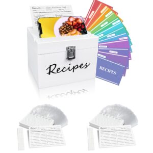 fortuning's jds recipe box with cards and dividers, pinewood recipe organizer with 100 double sided 4x6 recipe cards, 100 card sheet protectors, 12 dividers and 2 label stickers