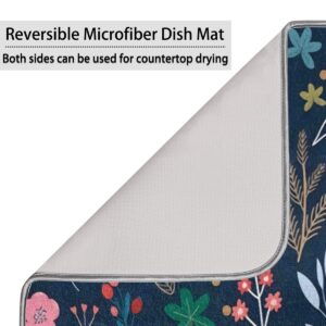 Colorful Flowers Dish Drying Mat for Kitchen Counter 16 x 18, Spring Summer Floral Absorbent Reversible Microfiber Dishes Drainer Mats, Washable Drying Pads for Sinks