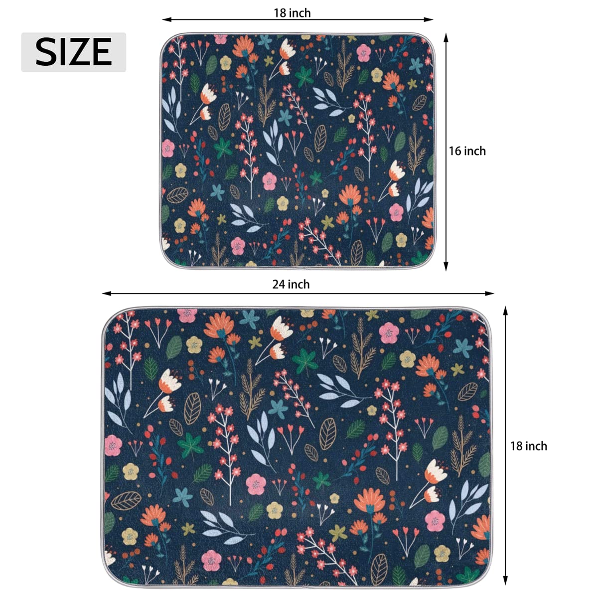 Colorful Flowers Dish Drying Mat for Kitchen Counter 16 x 18, Spring Summer Floral Absorbent Reversible Microfiber Dishes Drainer Mats, Washable Drying Pads for Sinks
