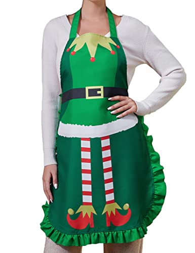 KOJOOIN Christmas Kitchen Apron Adjustable Cute Cooking for Adult BBQ Holiday Elf Apron Funny Creative Thanksgiving green