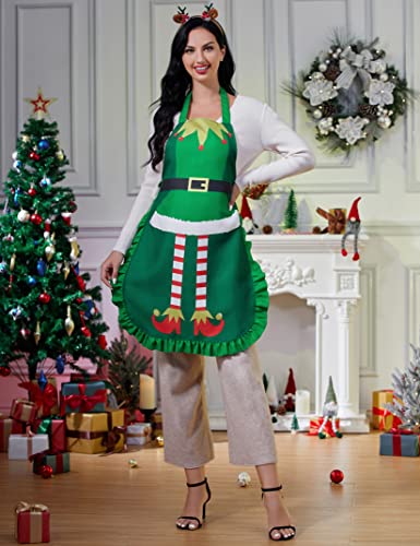 KOJOOIN Christmas Kitchen Apron Adjustable Cute Cooking for Adult BBQ Holiday Elf Apron Funny Creative Thanksgiving green