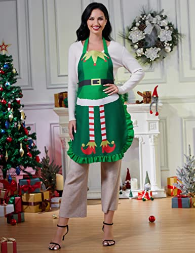 KOJOOIN Christmas Kitchen Apron Adjustable Cute Cooking for Adult BBQ Holiday Elf Apron Funny Creative Thanksgiving green