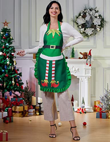 KOJOOIN Christmas Kitchen Apron Adjustable Cute Cooking for Adult BBQ Holiday Elf Apron Funny Creative Thanksgiving green