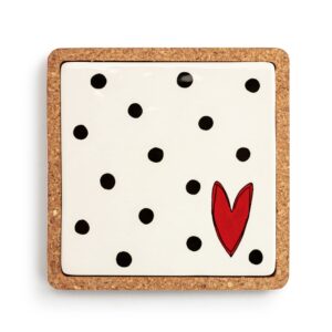 demdaco dots and heart glossy white 7.5 inch stoneware cork base trivet